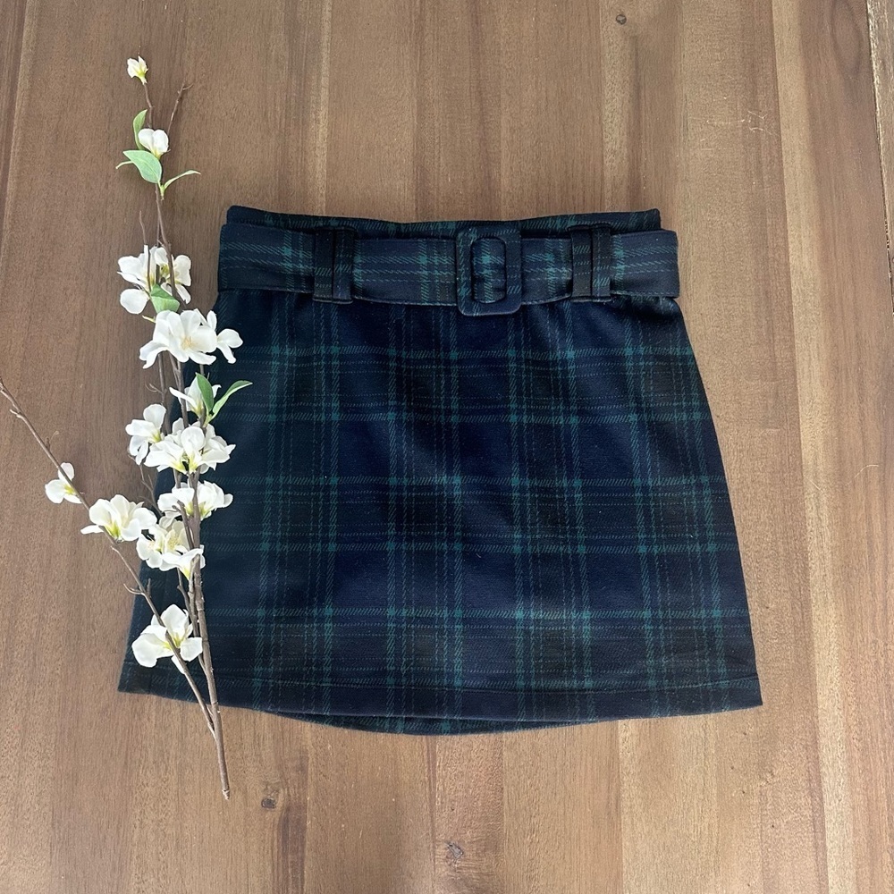 abercrombie kids belted blue/green plaid skirt/skort sz 15/16
